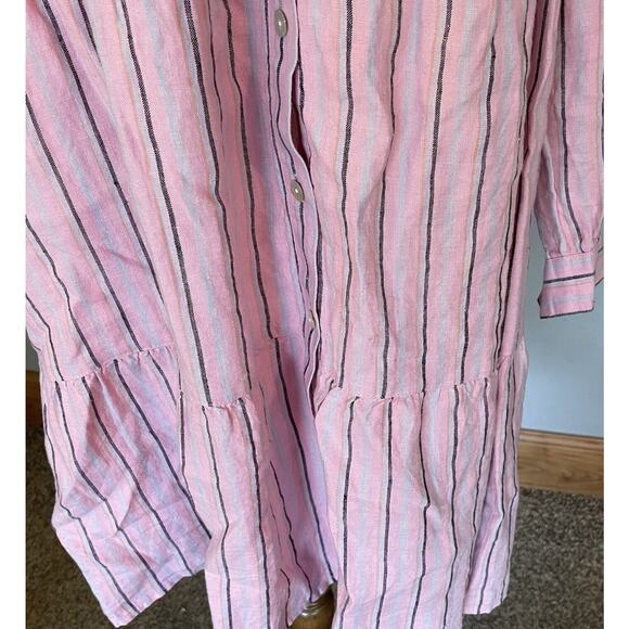 J. Jill Love Linen Shirt Dress MED Pink Stripe Button Front Tiered Ruffle Boho - Picture 4 of 12